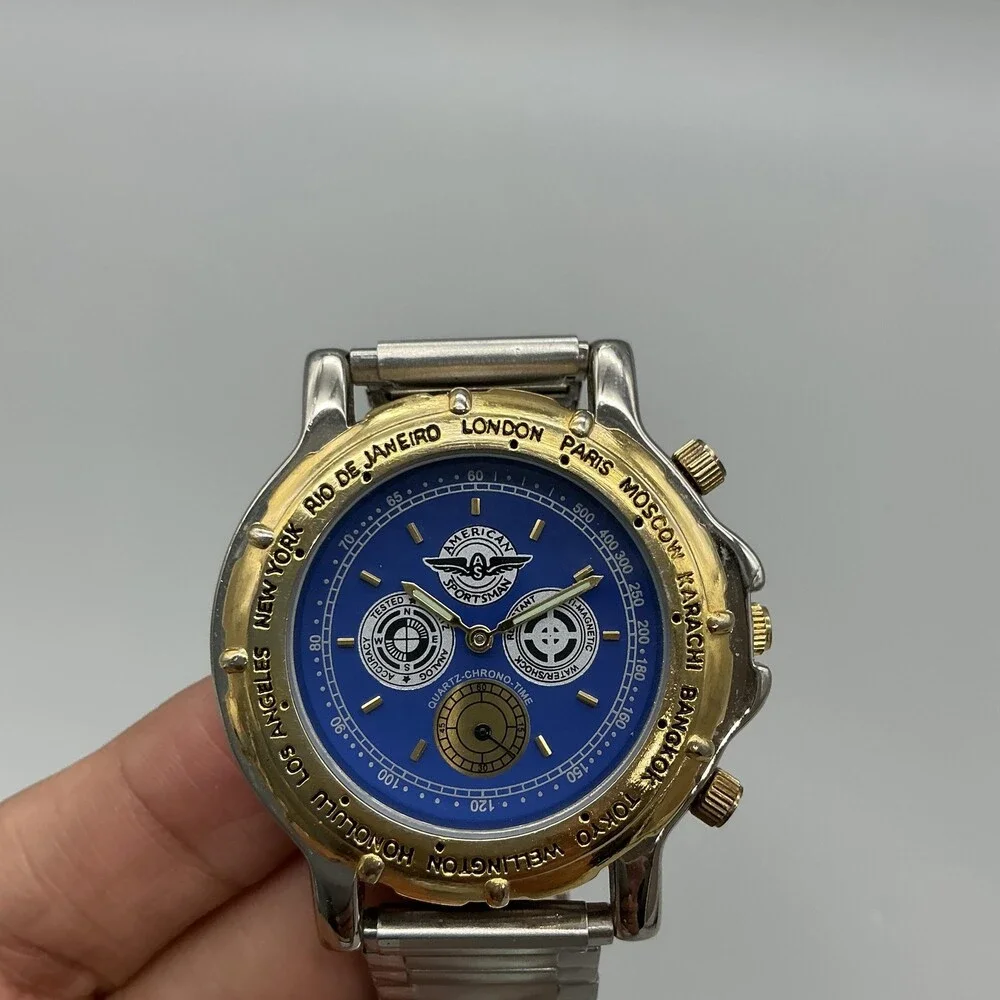 Vintage American Sportsman Mens Watch 39mm Blue Dial Two Tone Chronograph